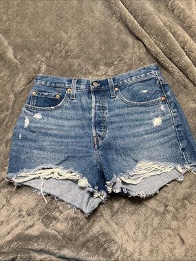 Levi's Blue Distressed High-Rise Denim Shorts